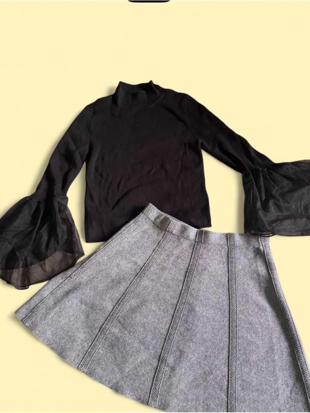 Anthropologie ribbed shirt and Zara knit skirt